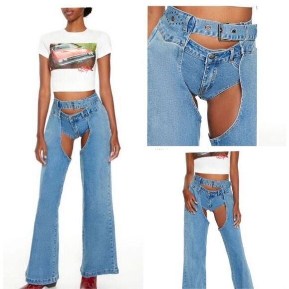 Forever 21 Studded Chaps Cut -Out Wide Leg Jeans Size Small Nwot - Picture 1 of 6